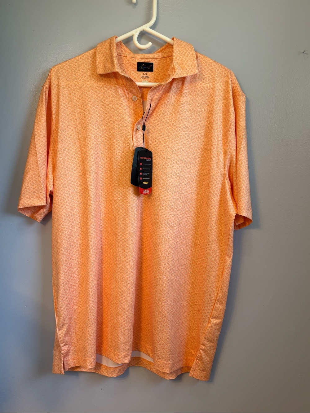 Greg Norman Men's Large Performance Golf Polo Orange Geometric Print. Sz L. NWT